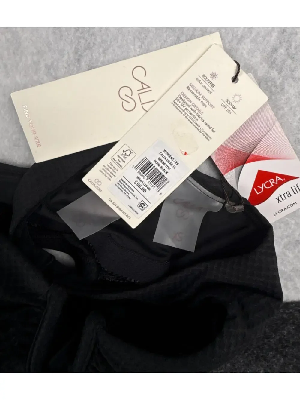 Calia‎ Womens XS Pure Black U Bar Longline Textured Bikini Top NWT